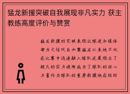 猛龙新援突破自我展现非凡实力 获主教练高度评价与赞赏