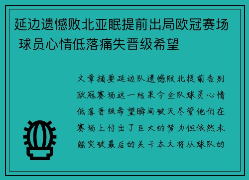 延边遗憾败北亚眠提前出局欧冠赛场 球员心情低落痛失晋级希望